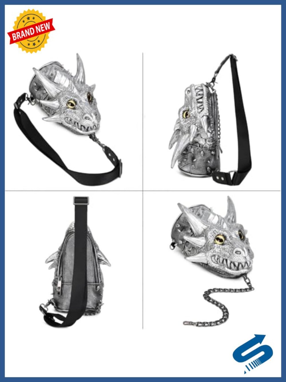 3D Dragon Head Crossbody Bag Steampunk Chain Shoulder Sling Bag Waterproof PVC - Picture 3 of 6